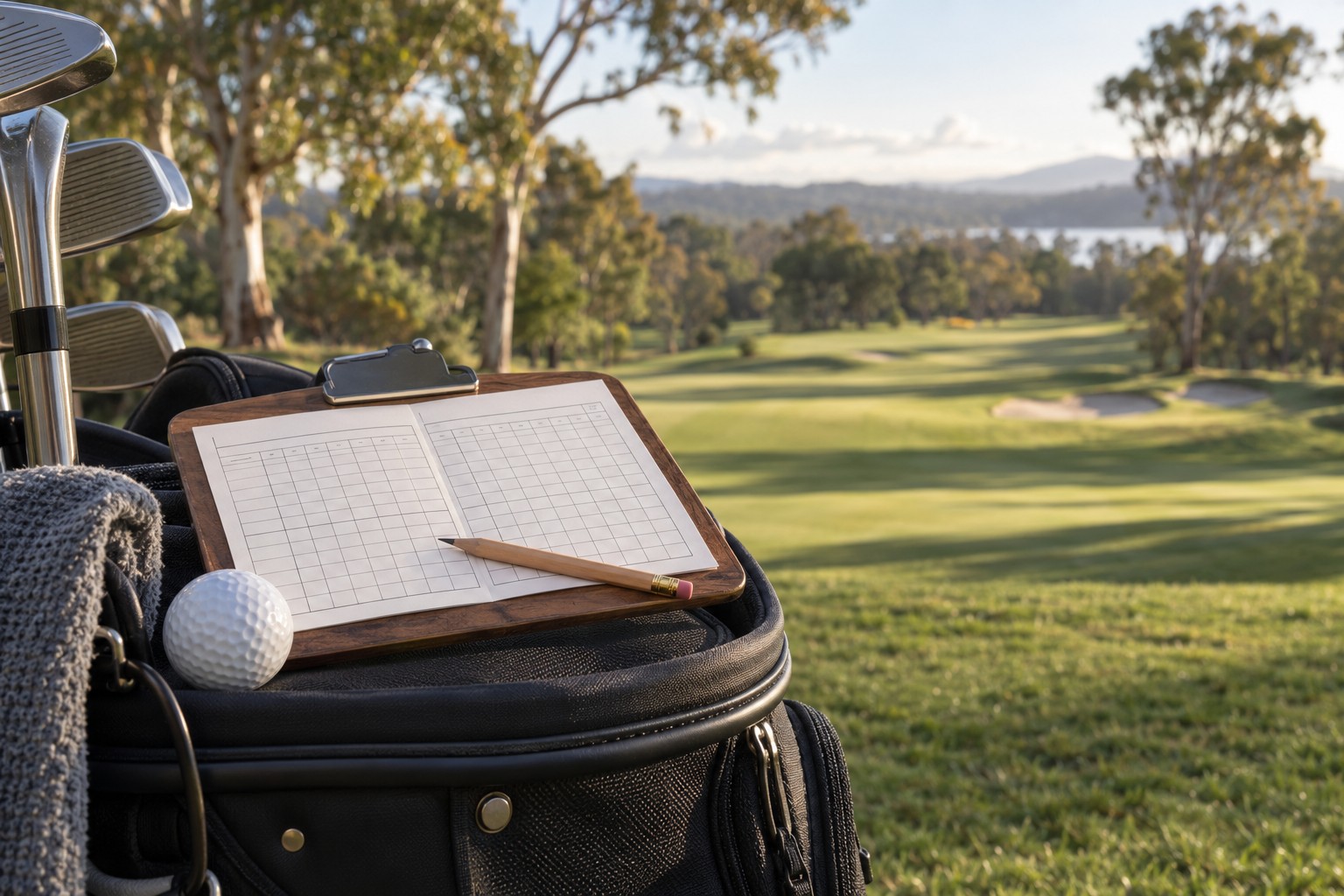 A golf scorecard, pencil and ball resting on a golf bag beside a fairway